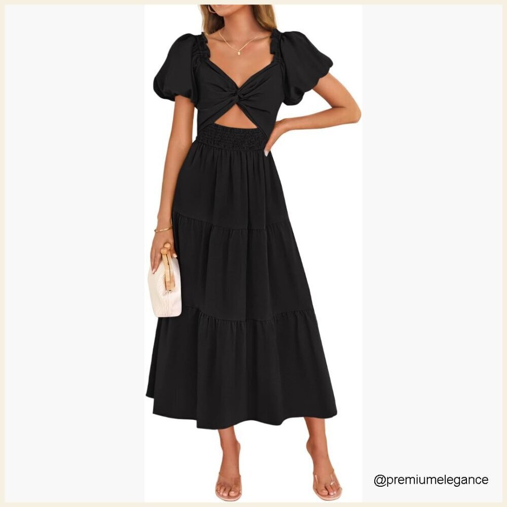Summer Casual Maxi Dress with Puff Sleeves Smocked Cutout Beach Party